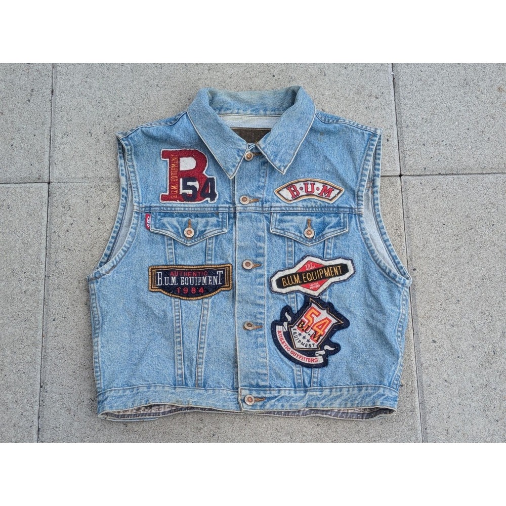 Vintage B.U.M. Equipment Vest Mens Large Blue Denim Varsity Patch 90s Punk